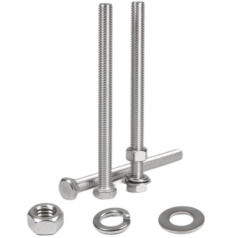 MroMax 5 Sets 3/8-16 x 5 Hex Head Screw Bolt, Nuts, Flat Washer & Spring Lock Washers Kits,Fully Threaded, Stainless Steel 18-8（304）, Bright Finish - Image 1